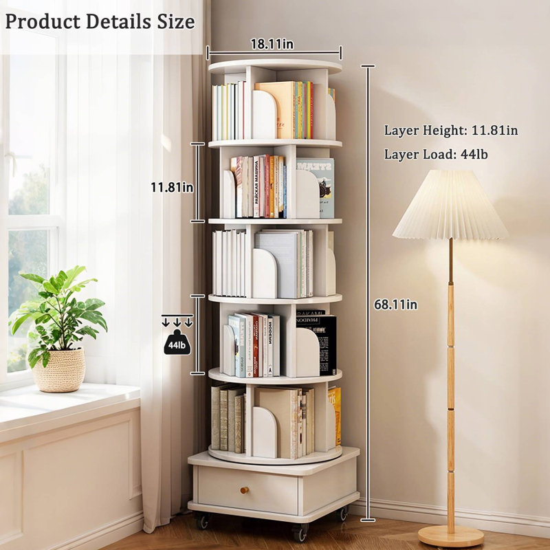 Bibliothèque pivotante à 360 °, Blanc, (5 tablettes) H 68,11 po x l 18,11 po x P 18,11 po
