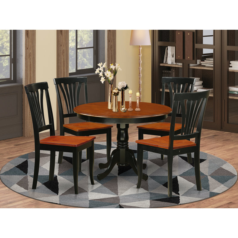 5 Piece Modern Dining Table Set Includes a Round Wooden Table with Pedestal and 4 Kitchen Dining Chairs, 42x42 Inch, Black & Cherry