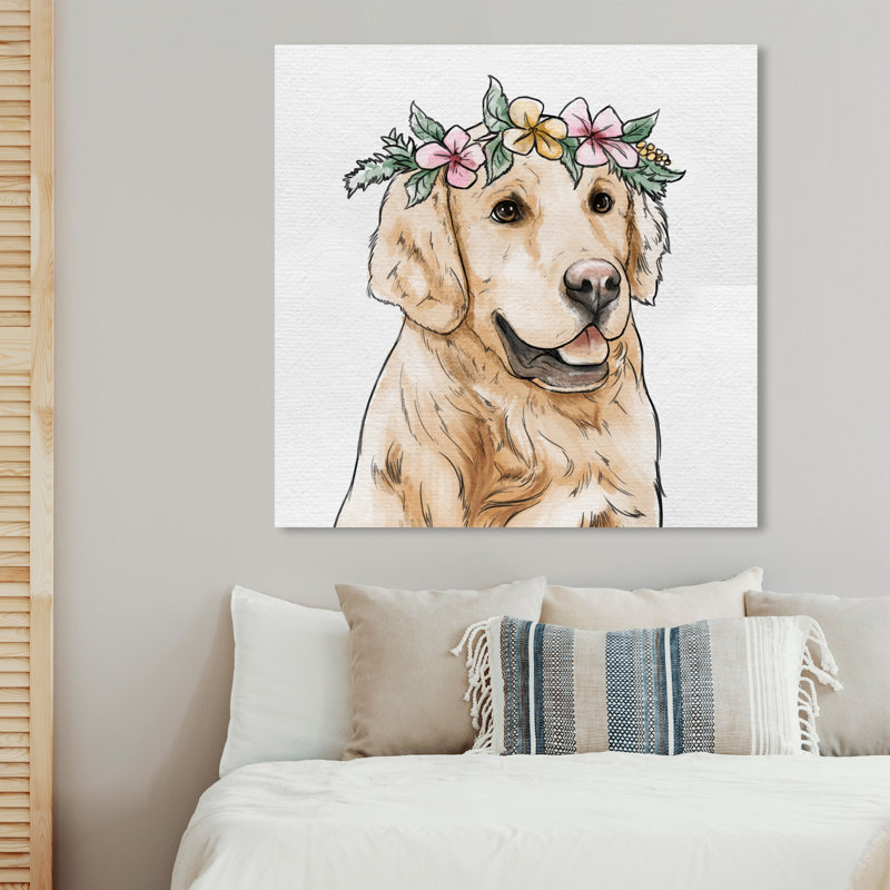 «Floral Crowned Golden Retriever Animals», impression sur toile tendue, H 24 po x l 24 po, Toile tendue