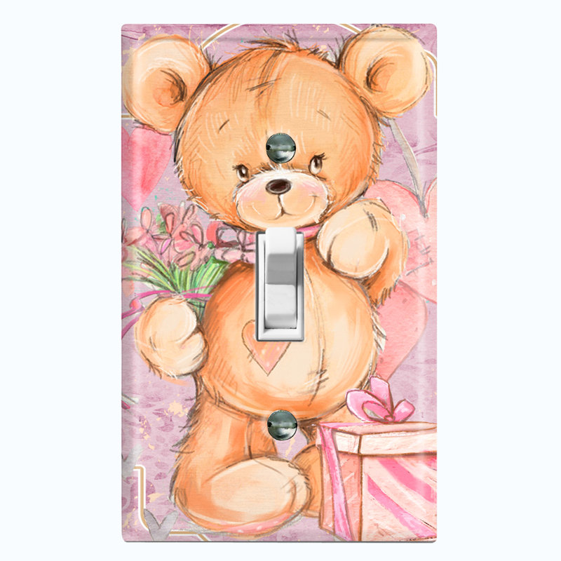 Metal Light Switch Plate Outlet Cover (Teddy Bear Love Hearts Present Flowers Blue - Single Toggle), Pink