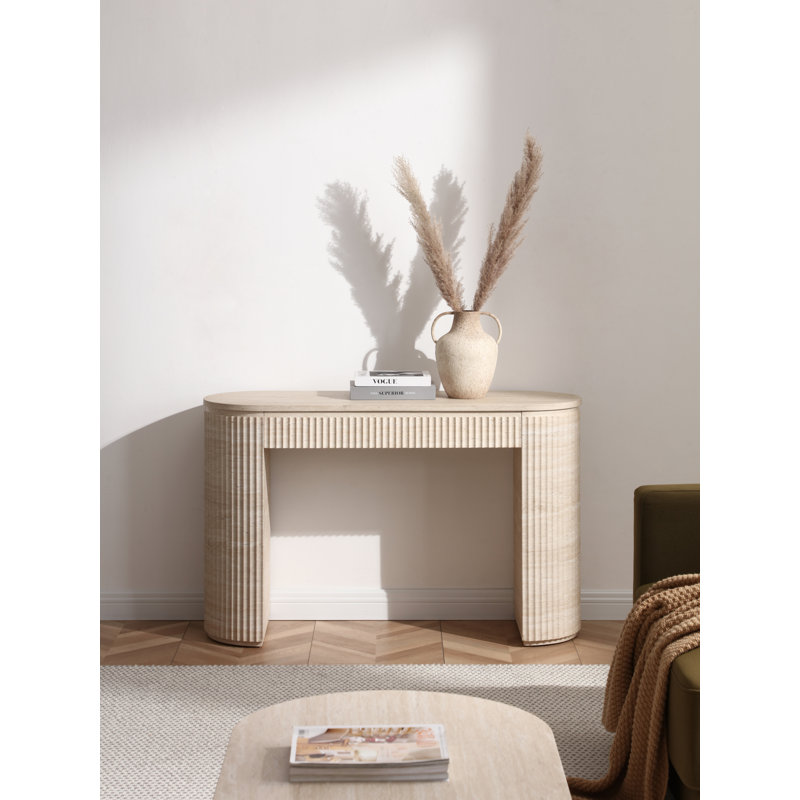 Mackenzie Modern Fluted Console Table, Oval Travertine Look Entryway Sofa Table With Ribbed Textured Sides, Faux Marble Veneer Top, Mdf Entry Hallway Accent Furniture, Beige