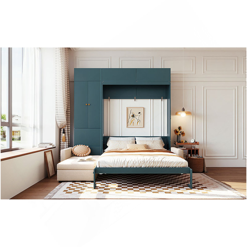 Grand lit escamotable mural avec canapé et tablettes, panneau vert, canapé beige, Vert