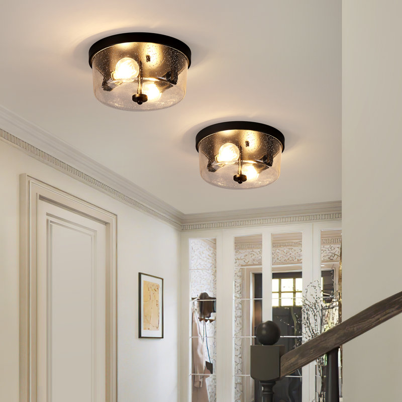 10.6 In. 2-Light Black Flush Mount With Seeded Glass Shade (Set Of 2)