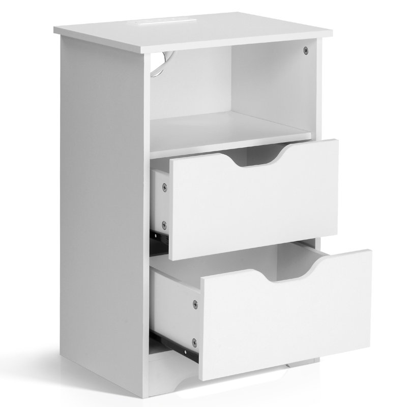 Table de chevet 15,7 po, panneau de particules P2, mélamine mat, sans poignée, 2 tiroirs, prise de courant américaine, Blanc