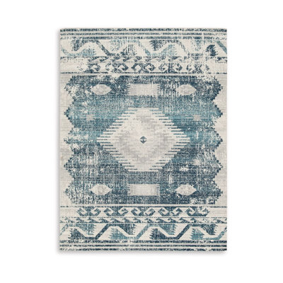 Tapis Daisy, motif persan intérieur / extérieur, gris polyester, bleu