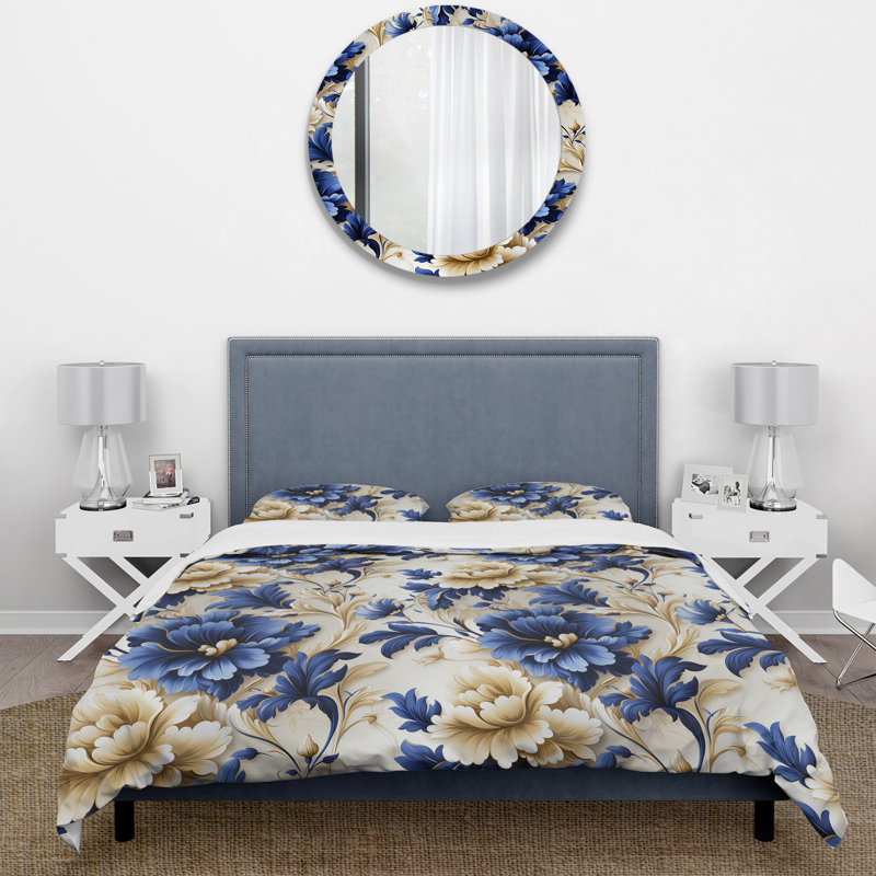 Cobalt Blue Baroque Victorian Pattern Floral Duvet Cover, King Duvet Cover + 2 King Shams