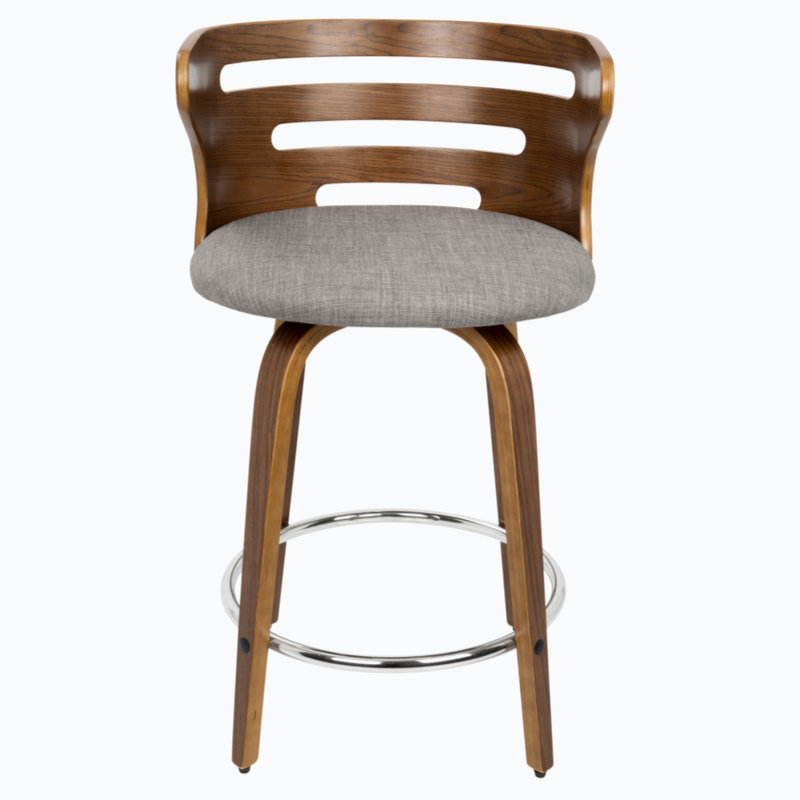 Mid-Century Modern Gray Swivel Counter Stool with Wood and Metal
