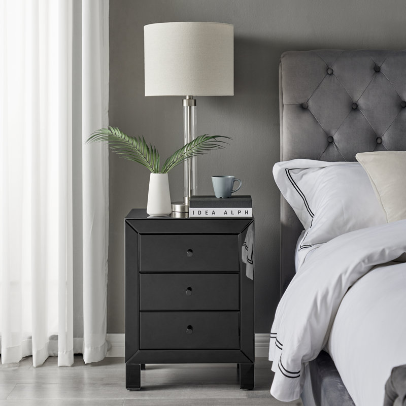 Mackynsie Mirrored Bedside Cabinet With 3 Drawers - Modern Luxury Bedside Table Nightstand, Black
