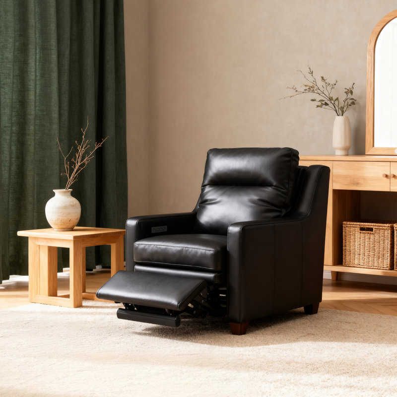 Fauteuil inclinable électrique en cuir véritable Harpster, Bois brun foncé, Gris anthracite