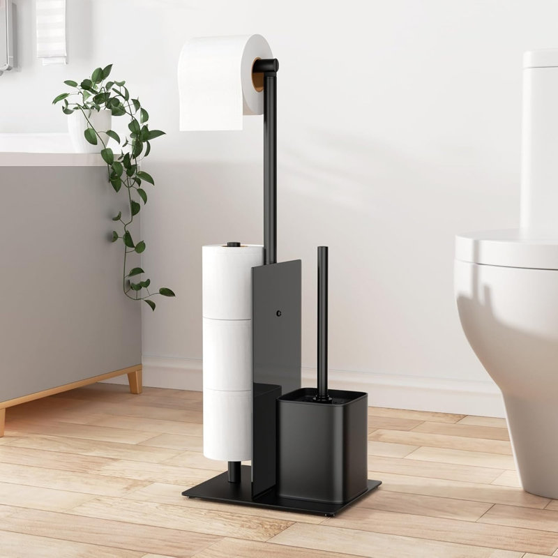 Matte Black Toilet Roll Holder with Brush Stainless Steel Free Standing 67 x 21 x 16 cm