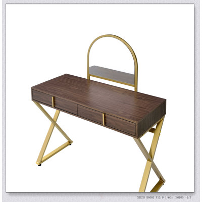 Bureau de coiffeuse Coleen avec miroir et plateau à bijoux, finition noyer et or, espace de rangement spacieux pour les cosmétiques et les accessoires