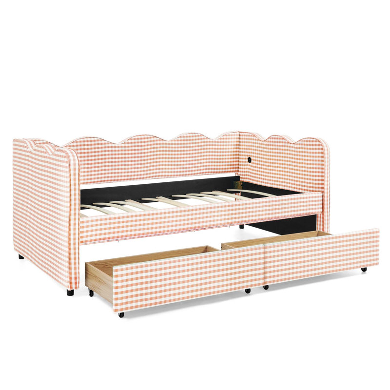 Lit de jour confortable à carreaux vichy pour une personne, avec deux tiroirs de rangement, port USB et adorable revêtement en lin en forme de vague.