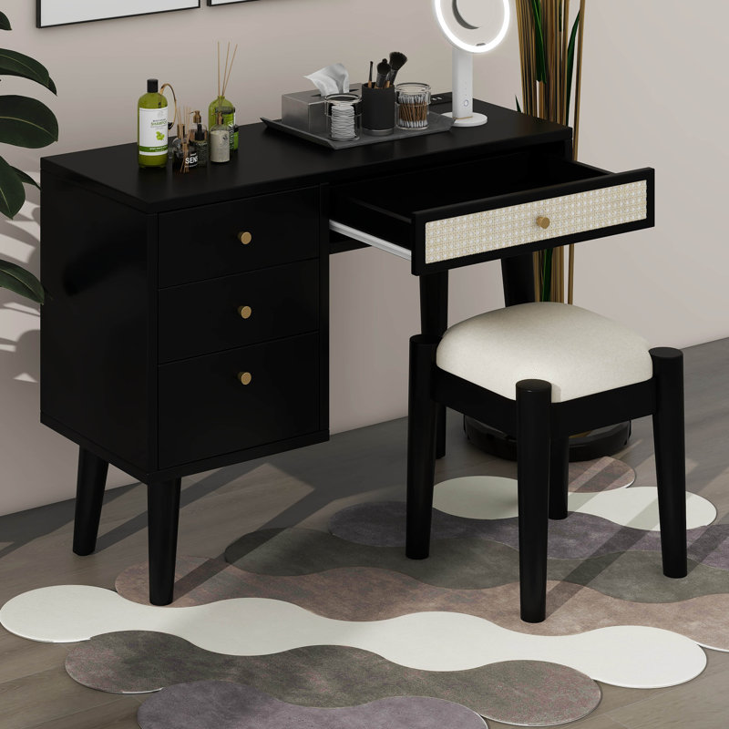Ensemble coiffeuse 39 "en bois de style bohémien rétro avec tiroirs de rangement, Noir