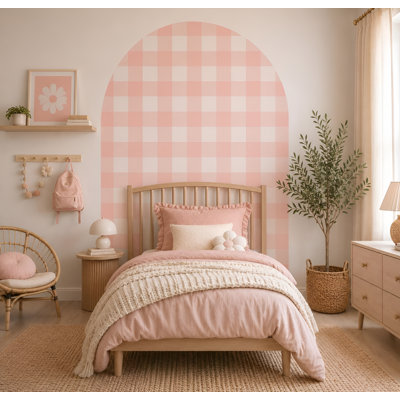 Pink Gingham Arch Wall Decal Nursery | Peel And Stick Girls Bedroom Wall Decal | Blush Pink Checkered Wall Mural | Removable Wall Decal