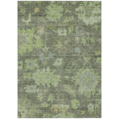 3' X 5' Fern Green And Olive Green Floral Washable Indoor Outdoor Area Rug