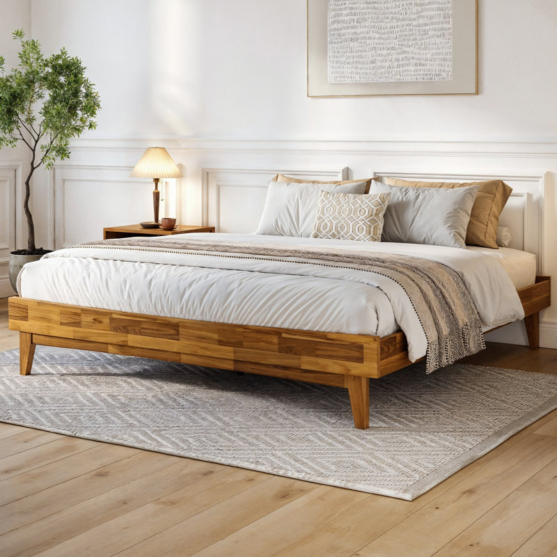 Lit plateforme Coraline en bois robuste, cadre de lit moderne sans tête de lit, supporte jusqu'à 800 lb, Twin, Brun teck