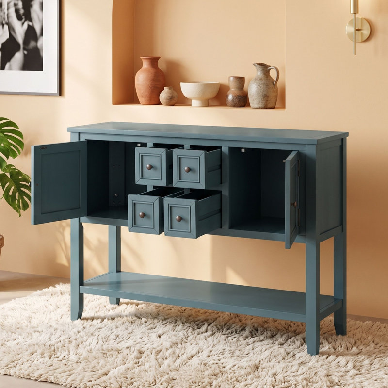 Console rétro avec 4 tiroirs, 2 armoires de rangement, tablette inférieure ouverte et poignées en métal, Bleu très foncé