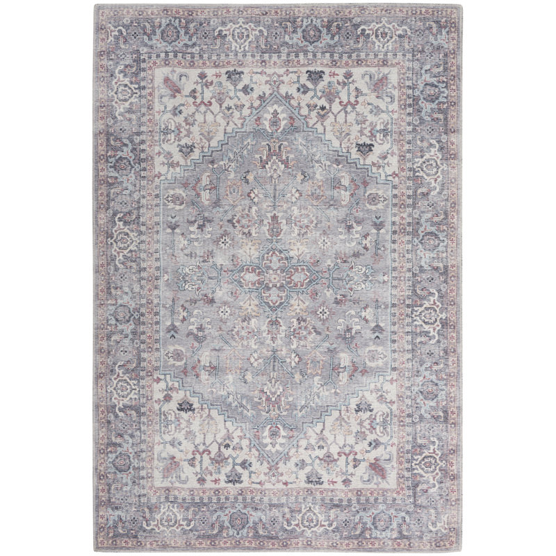 Machine Washable Oriental Gray Area Rug, Rectangle 6' x 9'