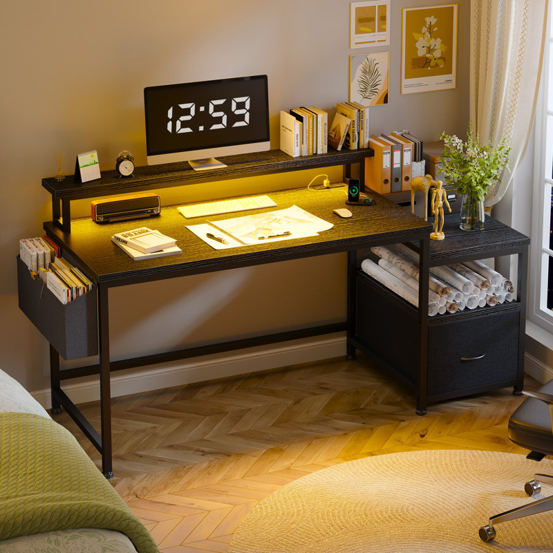 56.5" Adalicia With Drawers, Gaming Desk With Power Outlets And Storage, Home Office Desk, Black