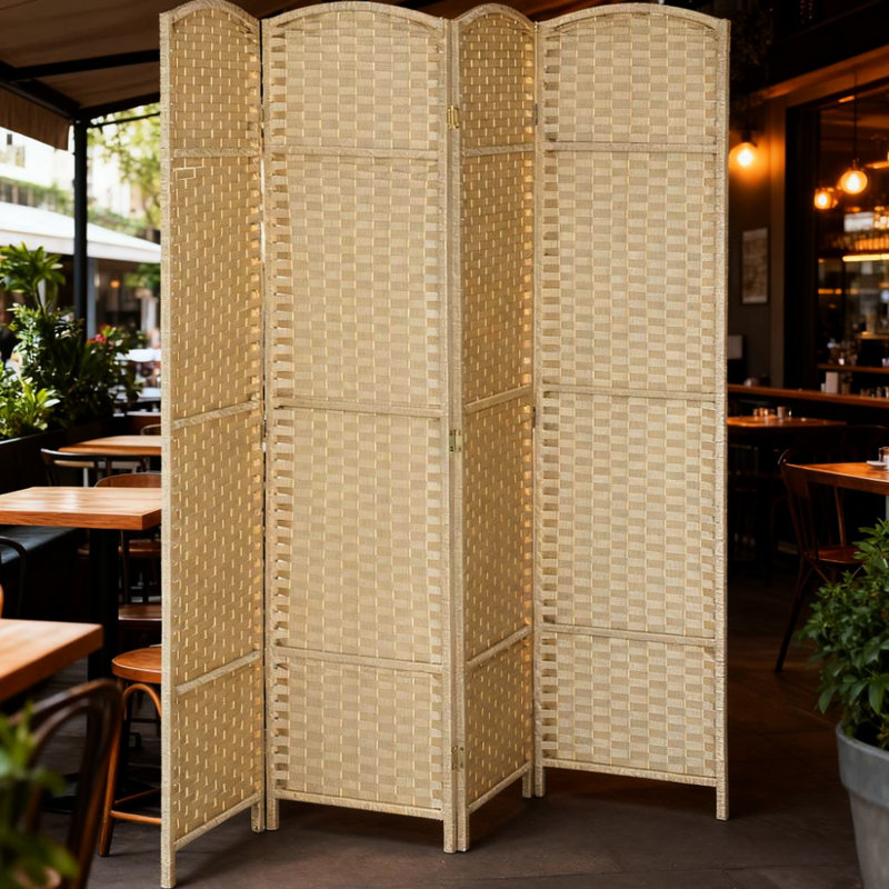Paravent pliable à 4 panneaux d'intimité tissé à la main, polypropylène et bois de pin, beige, pour séparer la pièce et créer des espaces