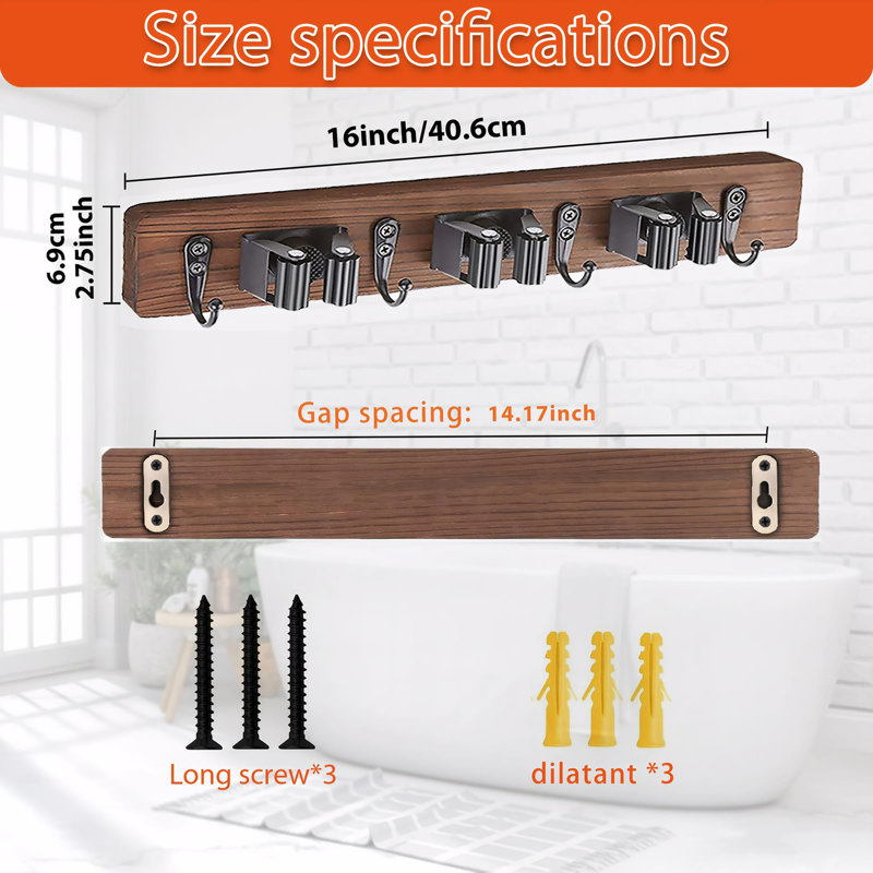 Broom and Mop Organizer Wall Hanging, Brown