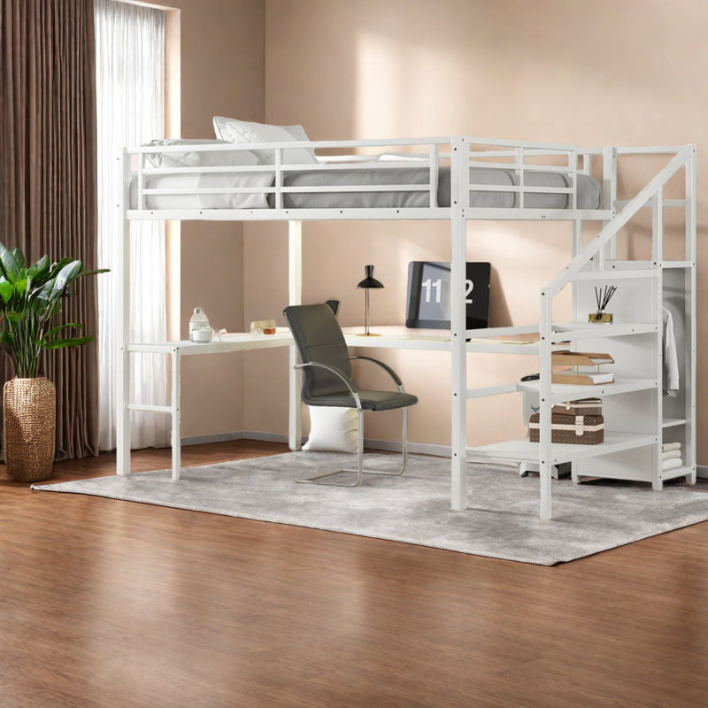 Lits avec rangement, grand lit mezzanine en métal, conception de bureau moderne pour la maison