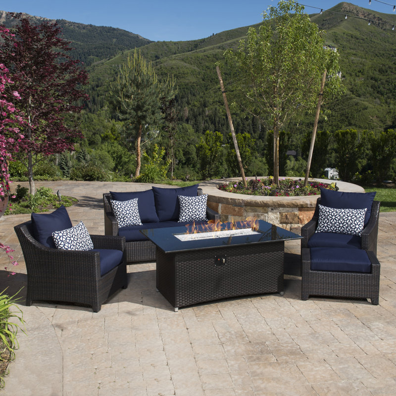 Fionnula 5 Piece Rattan Sofa Seating Group Set With Sunbrella Cushion Covers, Canvas Navy Sunbrella® Canvas