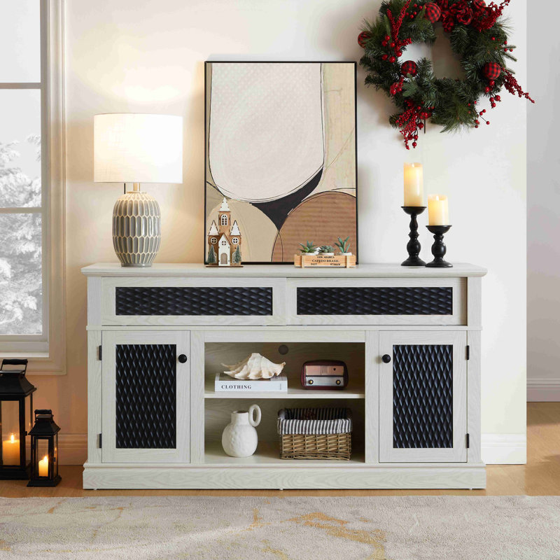 Meuble télé, console télé et média en relief avec espace de rangement ouvert et fermé et porte coulissante, Blanc