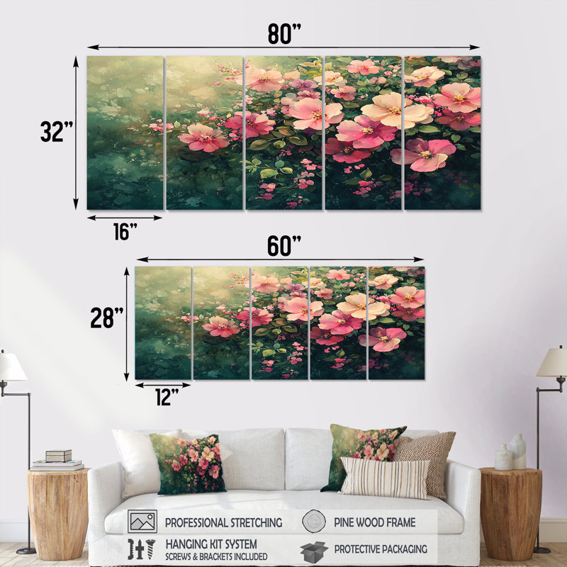 Calumet - pivoines - art mural traditionnel pour le salon, 5 pièces, H 28 po x l 60 po