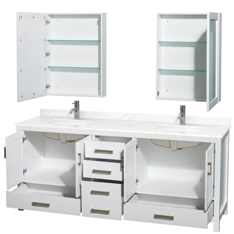 Sheffield 80" Freestanding Double Bathroom Vanity with Quartz Top with Medicine Cabinets, White, Giotto Quartz
