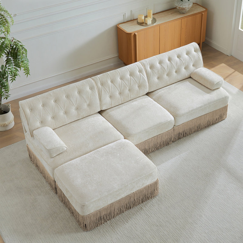 Canapé Chesterfield 3 places, 34.2" H x 106.1" W x 33.8" D, Beige
