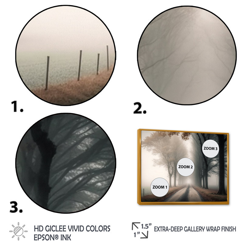 Art sur toile, "Misty Road Through The Forest II", Cadre flottant doré, H 24 po x l 32 po x P 1 po