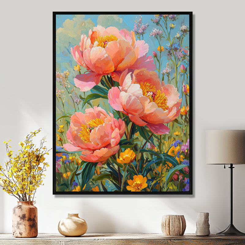 Pivoines dans la fleur sauvage, patch II - pivoines, art mural, H 32 po x l 16 po, Reproduction avec cadre flottant, Noir