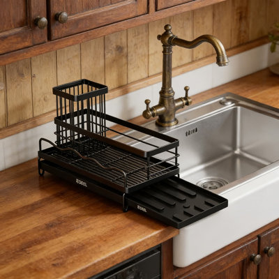 3-In-1 Stainless Steel Sink Caddy Organizer With Sponge Holder, Brush Rack, And Soap Dispenser - Rustproof 304 Stainless Steel, Fast Drainage, Space-Saving Design