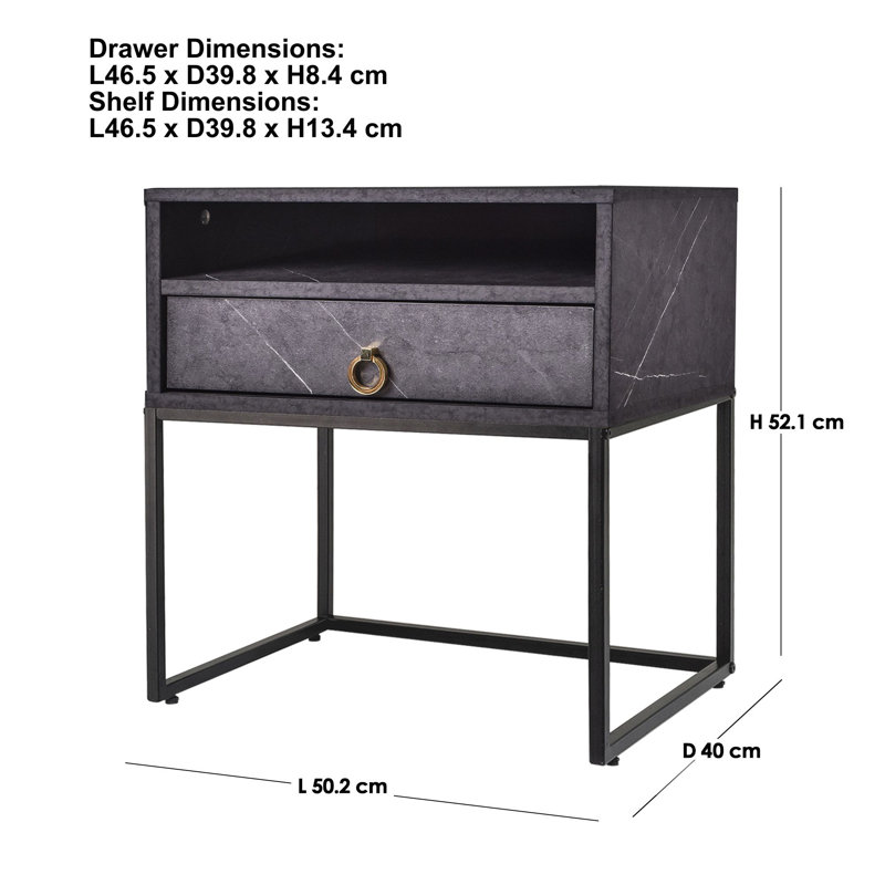 Homas 50.2cm W Particle Board / Chipboard Bedside Table, Grey Stone