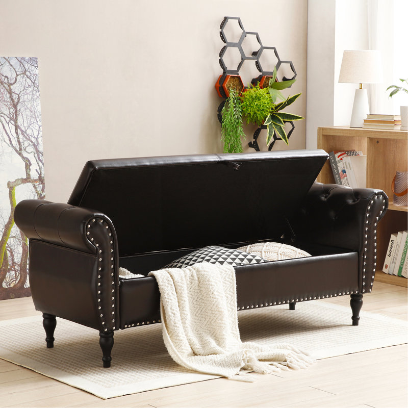 63" Multifunctional Storage Rectangular Sofa Stool Buttons Tufted Nailhead Trimmed Legs With 1 Pillow, Dark Brown