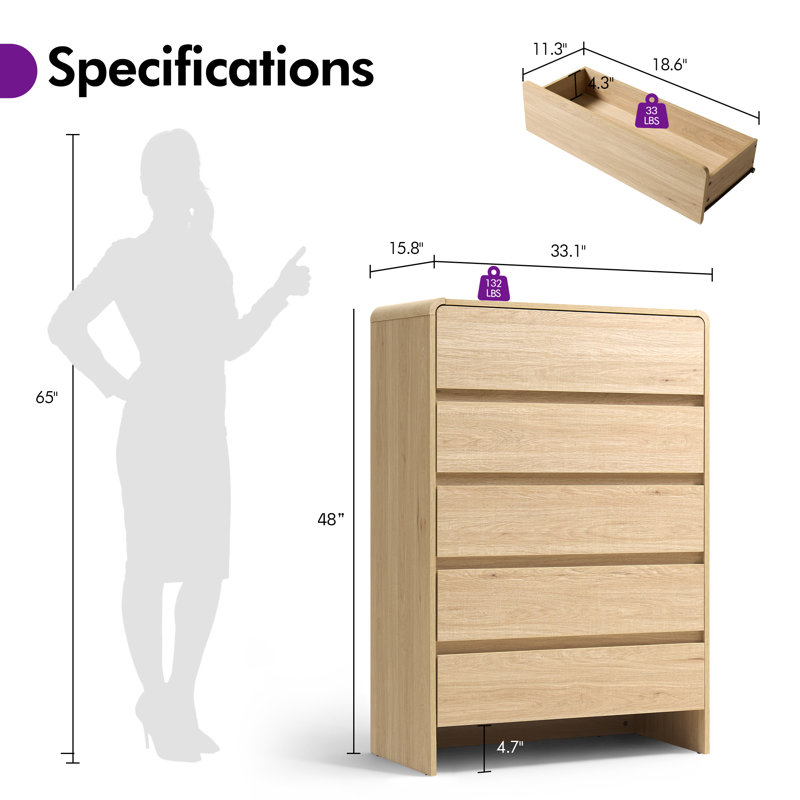 Modern Tall 5-Drawer Dresser with Curved Corner Design and Soft-Close Function, Beige