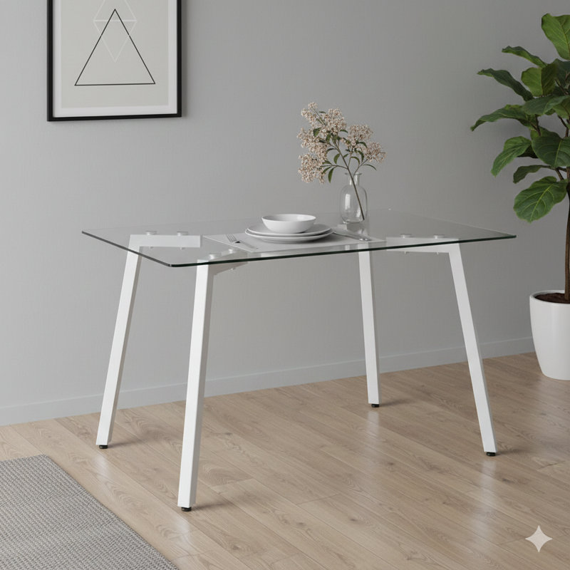Table de salle à manger rectangulaire moderne en verre pour 4 à 6 personnes avec plateau en verre trempé de 0,31 pouce et pieds en métal plaqué, bureau, pour cuisine, salle à manger et salon, dimensions: 51 po de largeur x 31 po de profondeur x 30 po de hauteur. Modèle: 1123