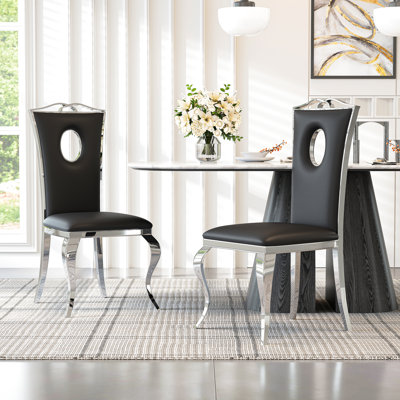Montzerrat Upholstered Leather Dining Chair With Circular Hole Backrest And Carved Stainless Steel Legs, Armless Side Chair For Dining Room, Living Room, Or Bedroom 