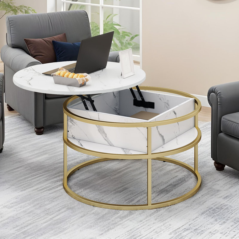 Rothwell Lift Top  Coffee Table ,Extendable Round Cocktail Table, 62.5cm H x 60cm W x 60cm D, White Marble, Gold