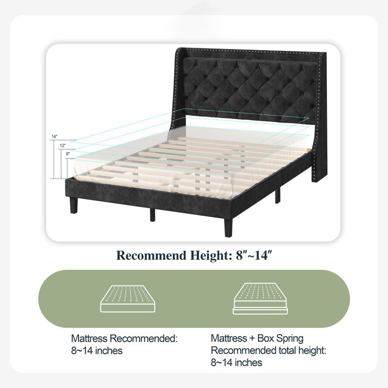 Lit plateforme tapissier Mingo avec tête de lit en velours capitonnée et multiprise, Grand