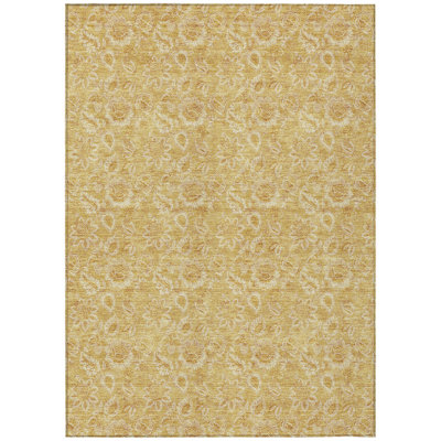 8' X 10' Gold And Wheat Floral Washable Indoor Outdoor Area Rug