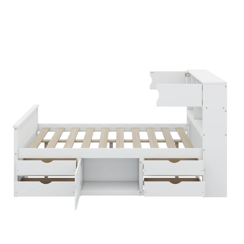 Structure de lit plateforme double pleine grandeur avec bibliothèques de rangement et tablettes, quatre tiroirs, Blanc