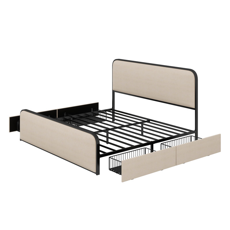 Structure de lit moderne en métal avec tête de lit et pied de lit rembourrés courbés avec 4 tiroirs de rangement, Très grand