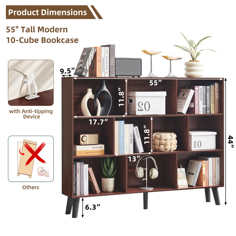 10 Cube Bookshelf,3 Tier Modern Wide Bookcase With Legs,Mid-Century Wood Bookshelves Storage，Retro Large Book Case,Freestanding Organizer Display Shelf For Bedroom,Living Room,Office