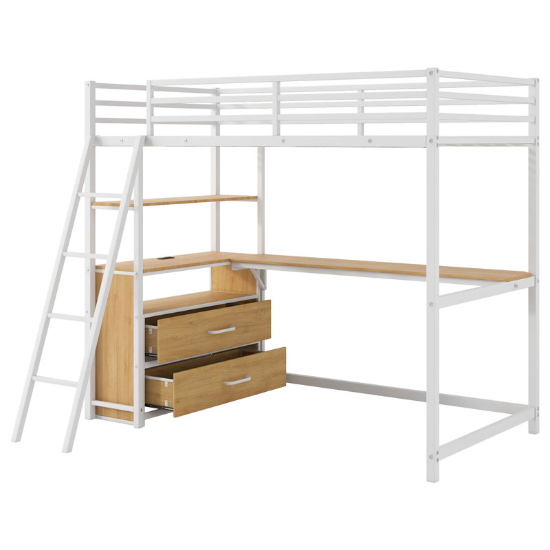 Lit mezzanine en métal et bois avec bureau et tablettes, Naturel / blanc antique
