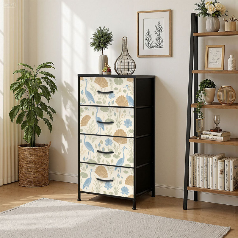 Commode à 4 tiroirs avec rangement vertical et fleurs bleues Heron Lotus