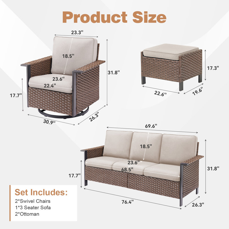 Coady All-Weather Wicker Outdoor Patio Wide Armrest Sofa Conversation Set With Swivel Chairs, Beige, Brown