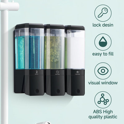 Distributeur de shampooing et revitalisant 3 chambres sans perceuse Distributeur de shampooing pour douche Distributeur de savon de douche mural 3 * 500 ml Distributeur de douche rechargeable pour salle de bain (noir 3 chambres)