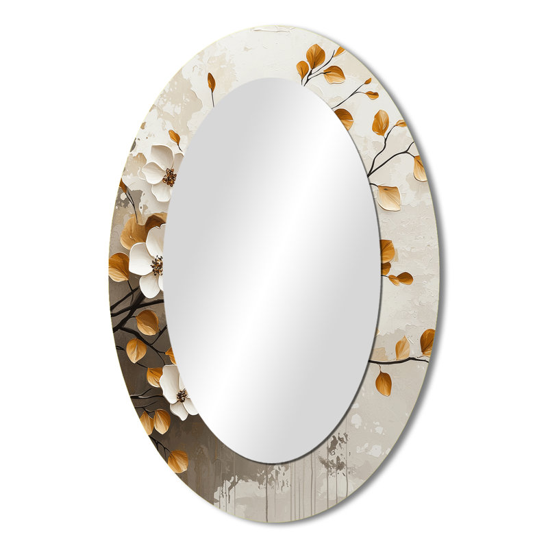 White Gold Botanical Cherry Blossom Trees - Large Oval Wall Mirror On Metal, 36" x 24"